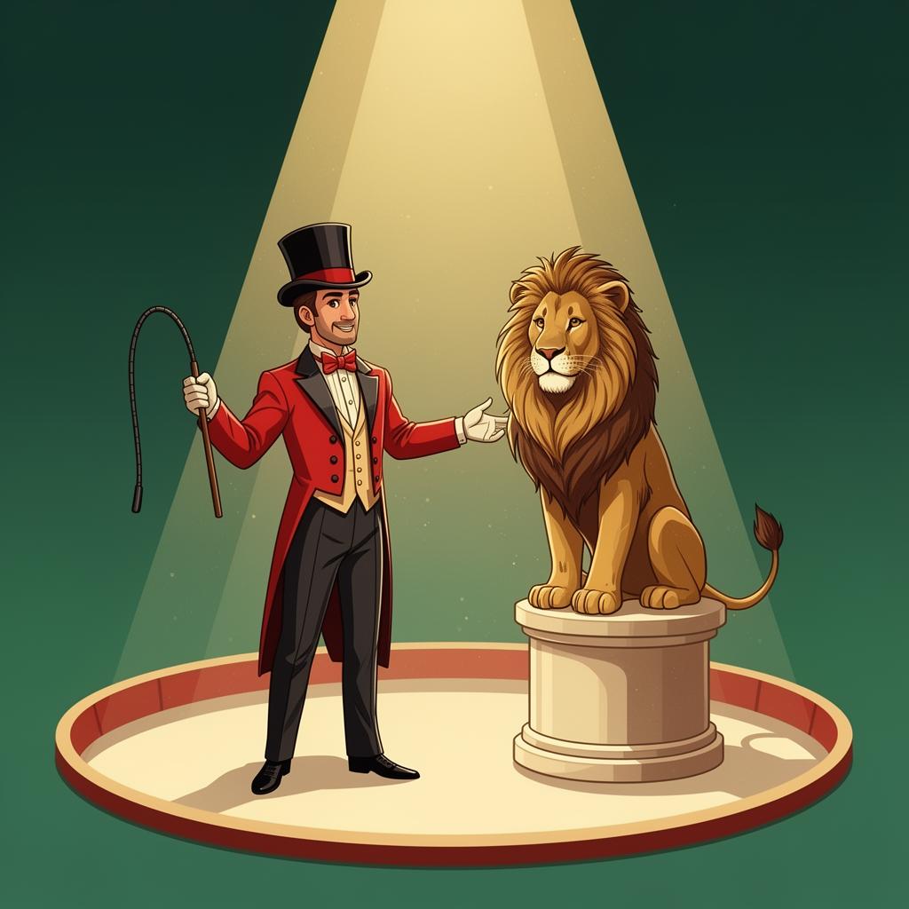 Domador encarando um leão sentado calmamente em um pedestal